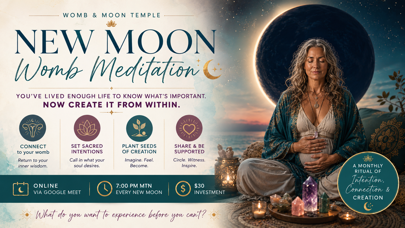 A midlife woman sits under the new moon for womb meditation