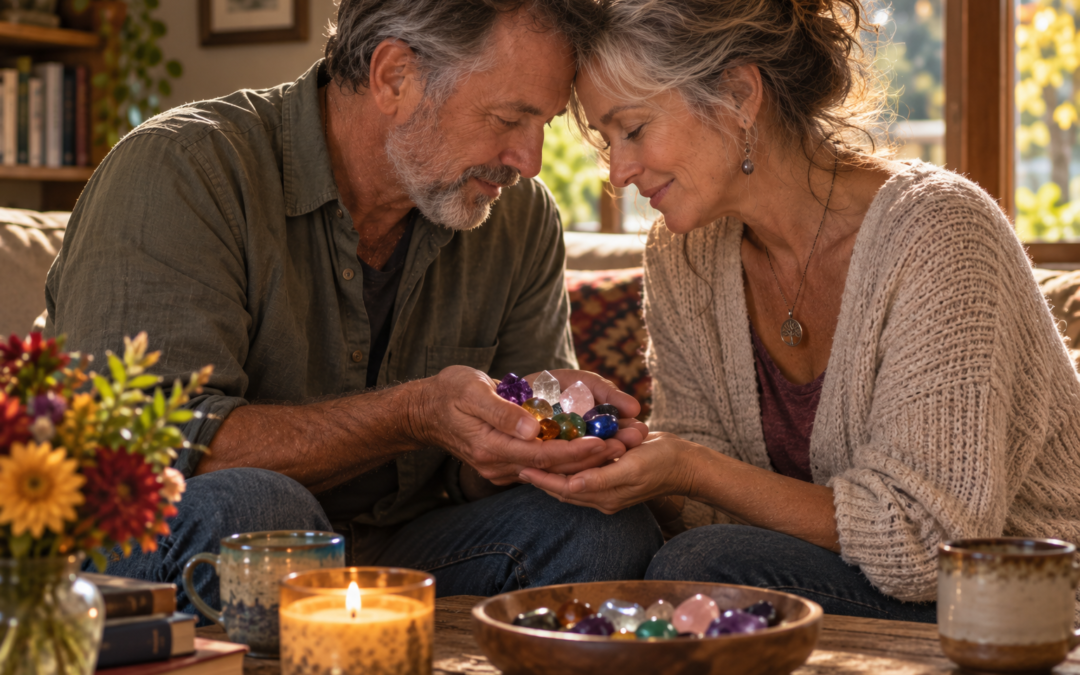 A loving couple puts their heads together while discussing the gems of their past sexual experiences.